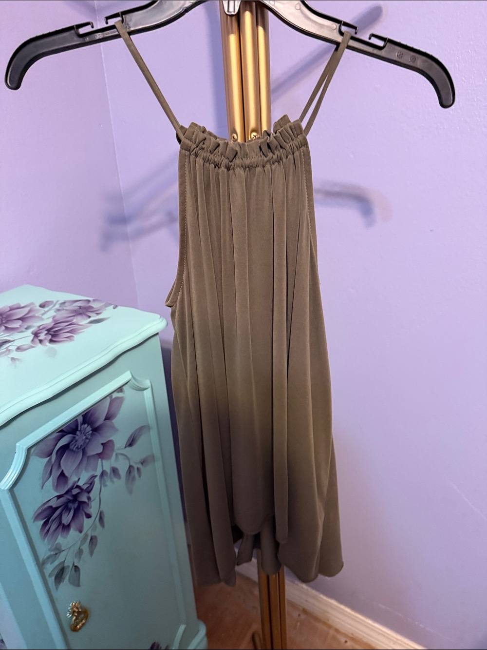 Mono B Olive green Pleated Halter Spaghetti Strap Top